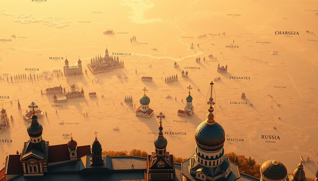 A sprawling map of Russia, its vast expanse stretching across the frame. Dotting the landscape, a network of Catholic dioceses and ecclesiastical structures emerge, their stately cathedrals and ornate spires standing in contrast to the surrounding vistas. The image is bathed in a warm, golden light, casting a reverent glow over the scene. In the foreground, intricate details of these religious institutions come into focus, their architectural styles and religious iconography showcasing the unique character of the Catholic Church's presence in this Eastern European nation. The overall composition conveys a sense of the breadth and depth of the Catholic faith's enduring influence within the Russian Federation.