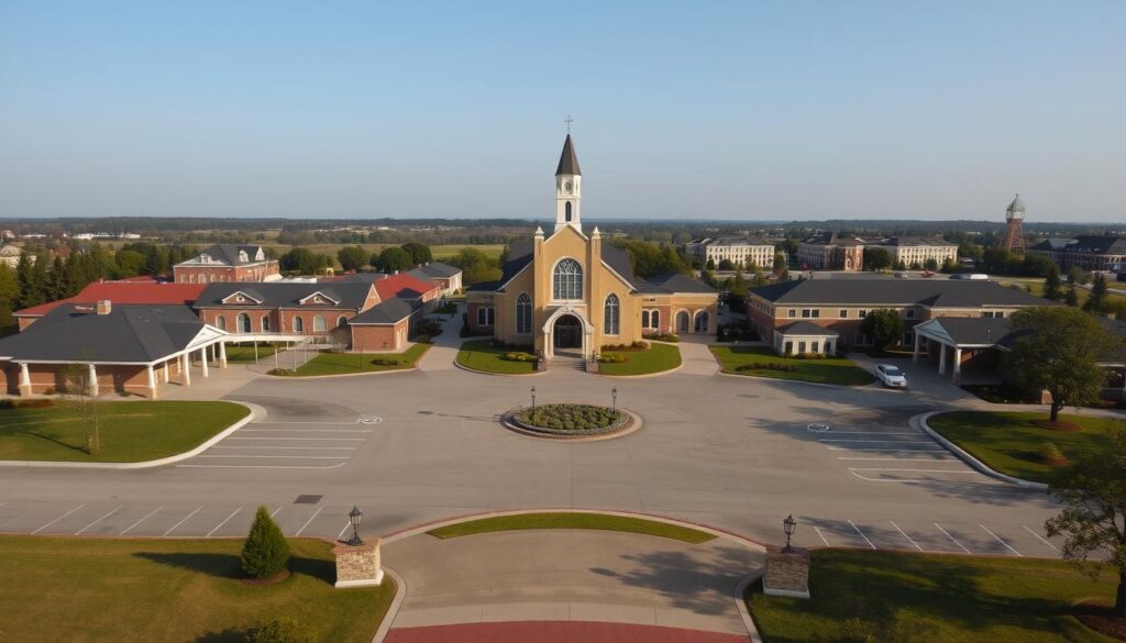A sprawling parish campus with well-maintained facilities and a spacious parking lot. In the foreground, a grand entrance with an ornate archway and manicured landscaping, inviting visitors to enter. The middle ground features the main church building, its stately architecture and stained-glass windows reflecting the sunlight. In the background, a series of auxiliary structures - a community center, a school, and various other amenities - all seamlessly integrated into the overall design. The lighting is warm and inviting, creating a sense of welcoming and tranquility. The scene is captured from a slightly elevated perspective, giving a panoramic view of the entire parish grounds.