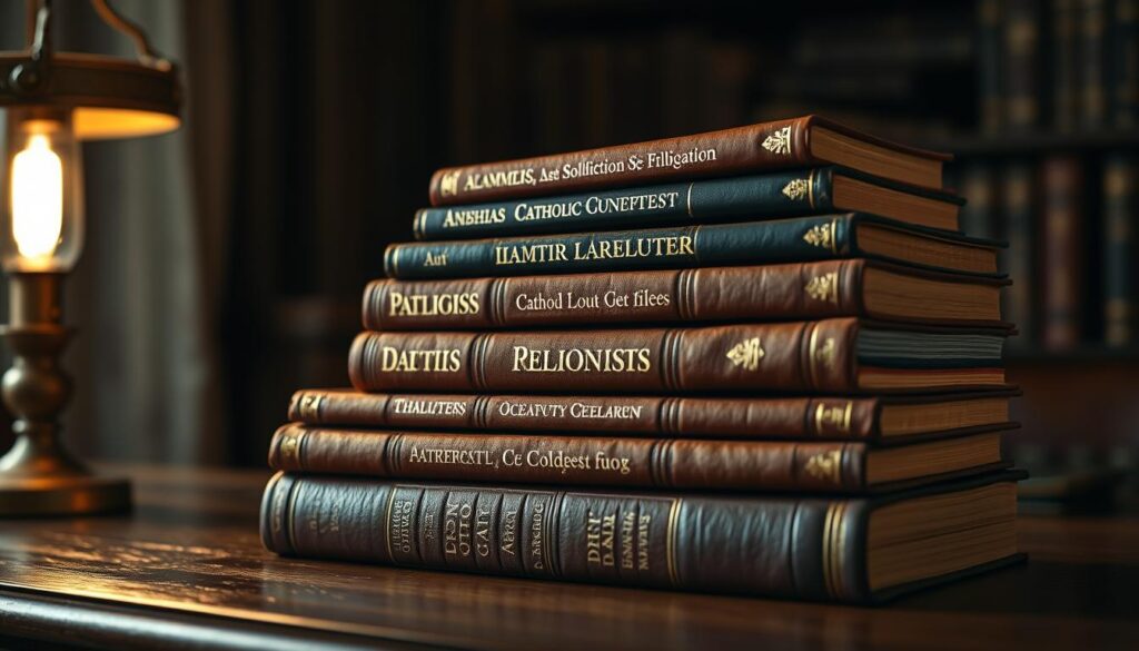 A stack of well-worn, leather-bound Catholic apologetics books, sitting on a wooden desk in a cozy, dimly lit study. Soft, warm lighting from a nearby lamp creates a contemplative atmosphere, casting gentle shadows across the covers. The books are arranged neatly, their spines displaying titles in gold leaf, hinting at the wealth of knowledge within. The scene evokes a sense of intellectual pursuit and spiritual reflection, inviting the viewer to delve into the depths of Catholic theology and philosophy.