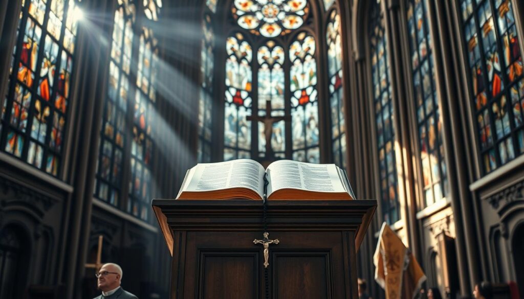 A stained-glass cathedral interior, sunlight streaming through ornate windows, illuminating a large wooden lectern at the center. Upon the lectern, an open book depicting Catholic precepts and canon law, surrounded by symbols of religious authority - a crucifix, rosary beads, and a bishop's mitre. The space is solemn, reverent, and imbued with a sense of timeless tradition, inviting contemplation of the essential rules of Catholicism that guide the faithful in their daily lives.