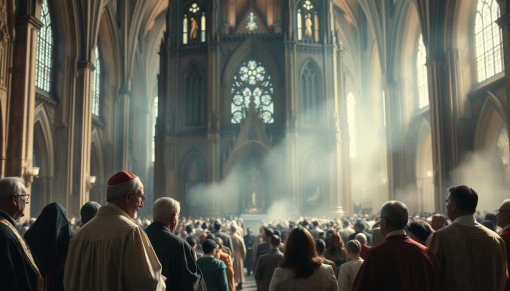 A stately, Gothic-inspired cathedral stands tall, its spires reaching towards the heavens. In the foreground, a group of clergy in ornate robes and vestments gather, engaged in solemn discussion. Their expressions are thoughtful, as they ponder the weight of their responsibilities. The middle ground reveals a bustling congregation, their faces upturned, reverently listening to the words of their spiritual leaders. Soft, warm lighting filters through the stained-glass windows, casting a serene, contemplative atmosphere. The background is shrouded in a hazy, ethereal mist, emphasizing the sacred and timeless nature of the institution. The scene conveys a sense of hierarchy, tradition, and the profound influence of the church's leadership within the community.