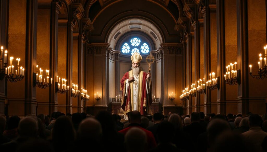 A stately cathedral interior, the warm glow of candlelight illuminating the high vaulted ceilings and ornate columns. In the central alcove, a bishop clad in resplendent robes stands with an air of solemn authority, his mitre and pastoral staff conveying his position as a spiritual leader. Around him, the congregation reverently kneels, their faces cast in shadows, humble before the bishop's sacred office. The scene is one of reverence, tradition, and the weight of centuries-old hierarchical structures that define the episcopal authority at the heart of the Orthodox and Catholic Churches.