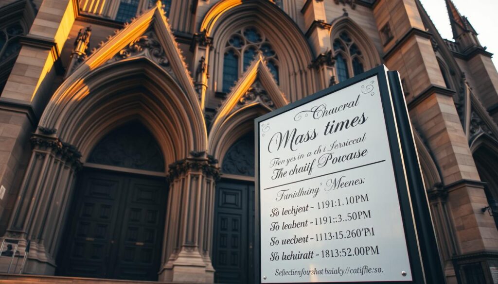 A stately church facade, its gothic architecture bathed in warm, golden light. In the foreground, a large sign displays the mass times and service information in elegant calligraphy against a backdrop of intricate carvings and ornate architectural details. The scene conveys a sense of reverence and tradition, inviting visitors to step inside and experience the spiritual oasis within. The image is captured with a wide-angle lens, emphasizing the grandeur and scale of the building, while the soft, diffused lighting creates a serene and welcoming atmosphere.