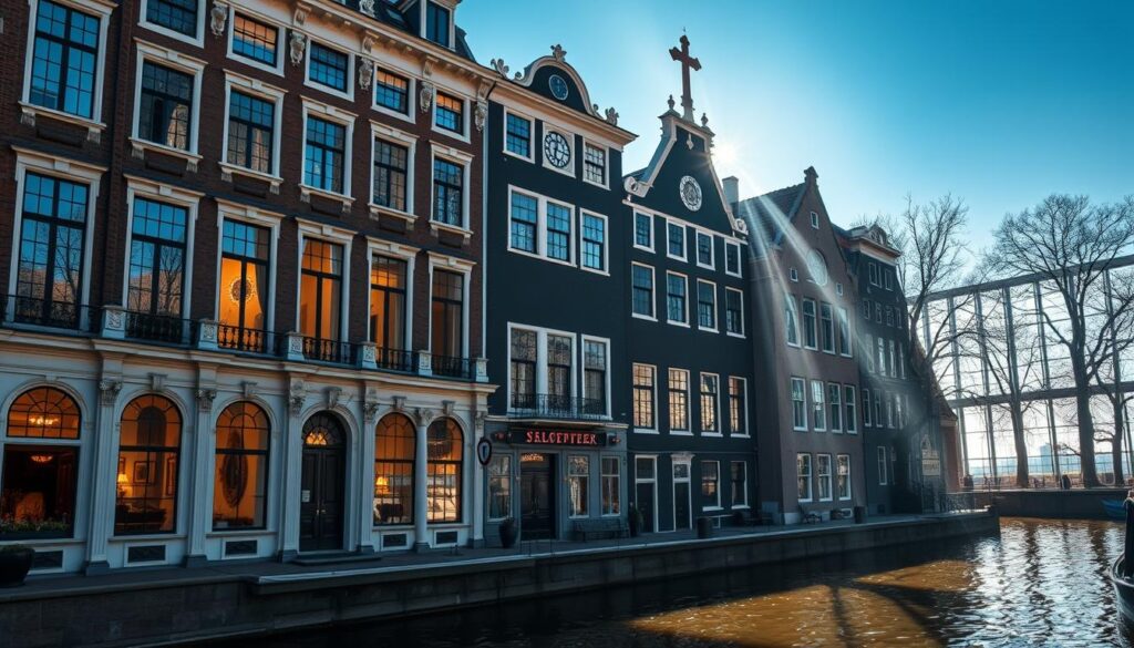 A stunning canal house museum set in the heart of historic Amsterdam, its elegant facade reflecting in the tranquil waters. Sunlight streams through tall windows, illuminating the meticulously preserved interiors - ornate moldings, antique furnishings, and a sense of timeless grandeur. In the attic, a hidden Catholic church comes alive, its vaulted ceilings and stained glass windows revealing a sacred space once concealed from the world. Capture the essence of this captivating blend of architectural beauty and religious history, a true gem waiting to be discovered.