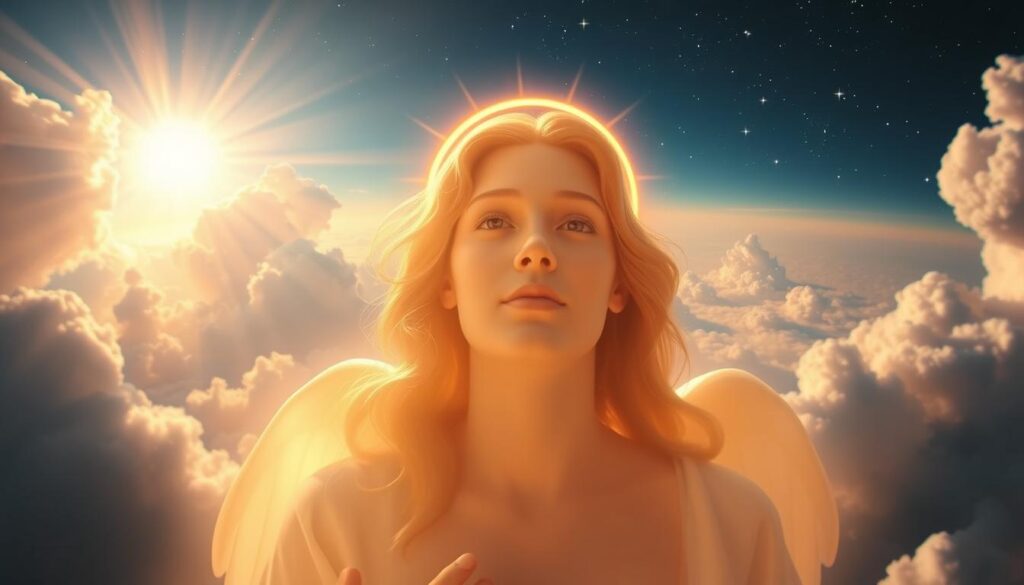 A stunning depiction of the divine essence, showcasing the ethereal presence of the Holy Spirit and the radiant Divine Mercy. In the foreground, a halo of golden light emanates from a serene, angelic figure, their features softly illuminated. The middle ground reveals swirling clouds of celestial energy, infused with shimmering rays of heavenly light. In the background, a vast expanse of azure-hued skies, punctuated by shimmering stars, creates a sense of boundless, sacred wonder. The lighting is warm and reverential, with a soft, diffused glow that imbues the scene with a tranquil, contemplative atmosphere. Captured through a wide-angle lens, the composition invites the viewer to experience the profound spiritual significance of the Holy Spirit and Divine Mercy.