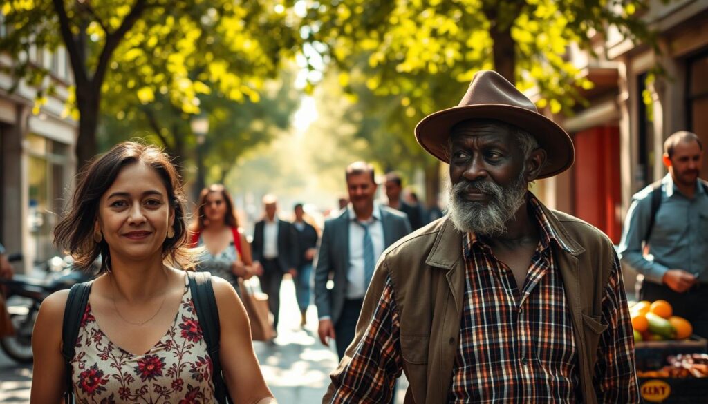A sun-dappled city street, pedestrians going about their daily lives. In the foreground, a mother and child walking hand-in-hand, their faces radiating honesty and warmth. In the middle ground, a street vendor selling fresh produce, his weathered face conveying a lifetime of truth and integrity. In the background, office workers hurrying to and fro, yet pausing to greet one another with genuine smiles. Soft, golden light filters through the trees, casting a serene, contemplative atmosphere. The scene captures the unassuming truth and authenticity that permeate the fabric of everyday existence.