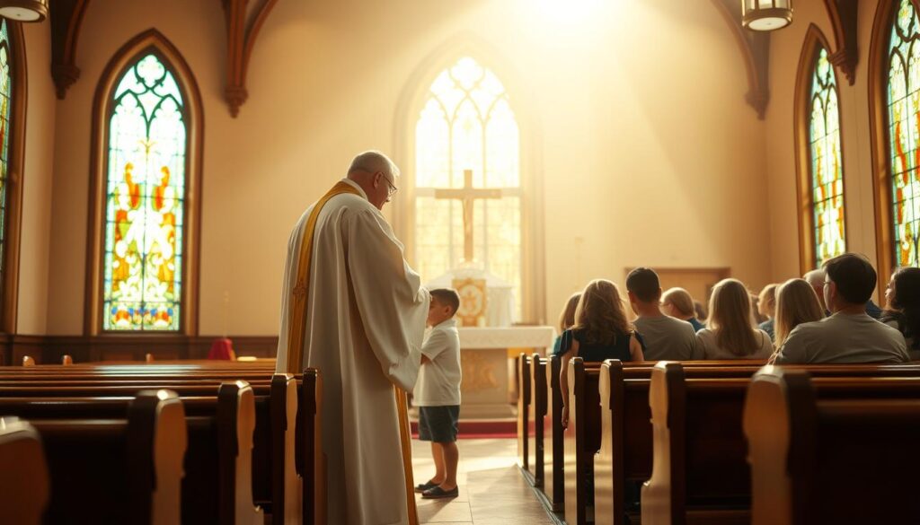 A sunlit chapel interior, its stained glass windows casting warm hues upon the polished wooden pews. In the foreground, a priest in flowing robes stands before an ornate altar, guiding a young parishioner through the sacrament of reconciliation. Soft light filters in, creating a serene, contemplative atmosphere. In the background, a group of families gather for a faith formation class, engaged in thoughtful discussion. The scene evokes a sense of spiritual community and the journey of personal growth through the sacraments.