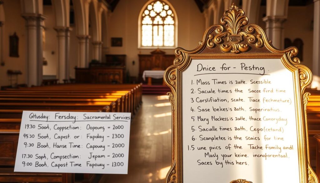 A sunlit interior of a classic Catholic church, with rows of wooden pews and an ornate altar at the center. In the foreground, a large, handwritten schedule of mass times and sacramental services is prominently displayed on an ornate, gilded notice board. The lighting is warm and soft, casting a gentle glow over the scene, creating a serene and reverent atmosphere. The composition is balanced, with the schedule taking up a significant portion of the frame, drawing the viewer's attention to the core subject matter. The overall mood is one of tranquility and devotion, inviting the viewer to step into this spiritual oasis.