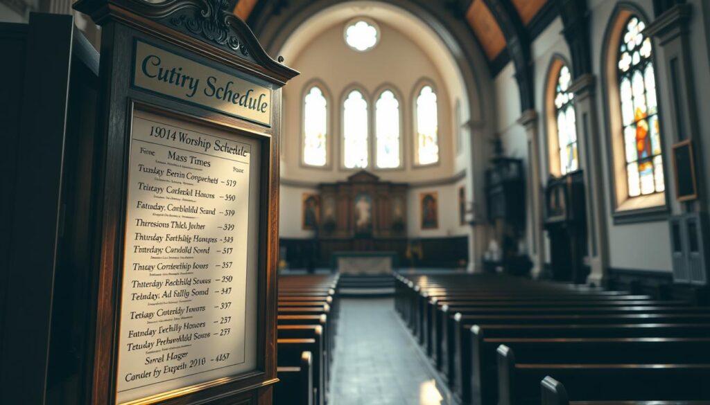A sunlit interior of a traditional Catholic church, with a detailed worship schedule displayed on a wooden bulletin board in the foreground. The board features columns listing the daily mass times, confession hours, and other service schedules in an elegant, hand-written calligraphic font. Soft light filters through stained glass windows, casting a warm, reverent glow across the scene. The middle ground reveals pews and kneelers, while the background showcases the ornate altar, pulpit, and other architectural elements that evoke the solemn grandeur of a historic place of worship. The overall atmosphere is one of peaceful contemplation and devotion.