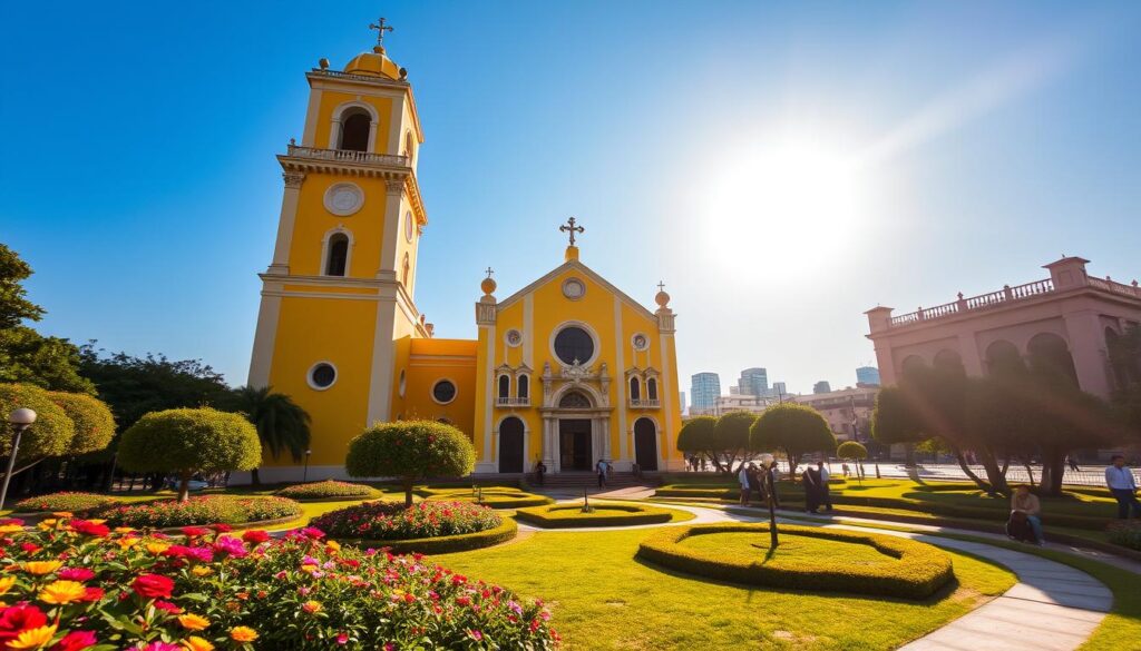 A sunlit morning at the Tân Định Catholic Church, its striking yellow facade and distinctive bell tower standing tall against the clear blue sky. The foreground captures the lush, manicured gardens, with vibrant flowers and meandering pathways inviting visitors to explore. In the middle ground, the church's intricate architectural details come into focus - ornate balconies, arched windows, and ornamental flourishes that showcase the masterful craftsmanship. The background reveals the bustling city skyline, providing a captivating contrast to the serene, spiritual atmosphere of the church. The lighting is soft and natural, casting a warm, golden glow that enhances the timeless elegance of this architectural gem.