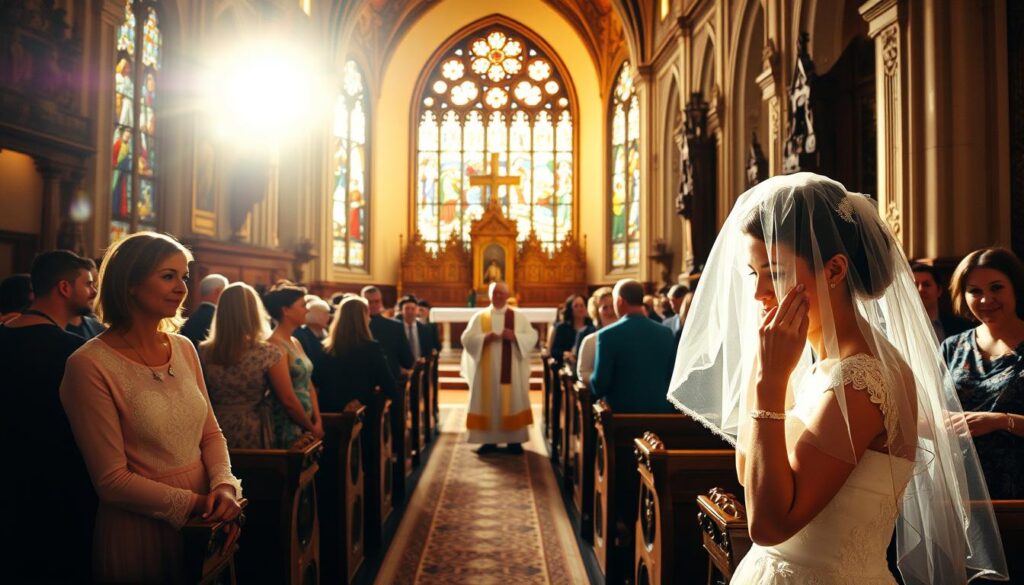 A sunlit, ornate Catholic church interior, with intricate stained glass windows and ornate wooden pews. In the foreground, a bride carefully adjusts her delicate lace veil, surrounded by attendants helping with the final touches on her elegant white gown. In the middle ground, a priest stands before an ornate altar, preparing for the ceremony. In the background, family members and guests arrive, their faces filled with anticipation and joy. The scene is bathed in warm, golden lighting, creating a sense of reverence and solemnity.