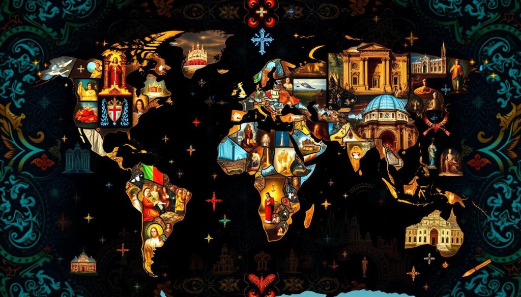 A sweeping global map of Catholicism, illuminated by intricate stained glass-inspired overlays depicting the religious practices and cultural traditions of different countries. The foreground features a central world map, with glowing icons and symbols representing the presence and influence of Catholicism across diverse nations. The middle ground showcases detailed, stylized vignettes of iconic Catholic architecture, festivals, and religious ceremonies from various regions. The background is a rich tapestry of ornate, kaleidoscopic patterns and textures, evoking the vibrant diversity and shared heritage of the faith. Soft, warm lighting imbues the scene with a sense of reverence and timelessness, inviting the viewer to explore the global reach and local expressions of Catholicism.