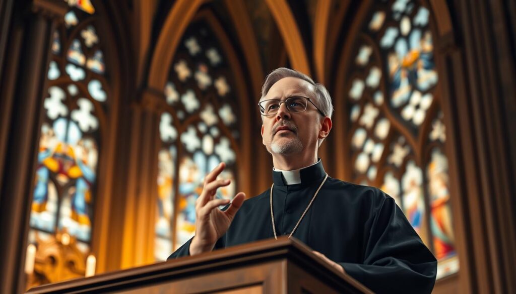 A thoughtful Catholic priest, Bishop Barron, stands at a podium, delivering a captivating theological lecture. Warm, natural lighting illuminates his face, creating a contemplative, insightful atmosphere. The background features a grand cathedral interior, with ornate stained-glass windows and intricate architectural details, hinting at the depth and richness of the Catholic faith. The priest's gestures are animated, his expression earnest, as he shares profound spiritual insights that captivate the audience. The scene evokes a sense of spiritual enlightenment and the power of Catholicism to unveil mysteries and inspire deeper understanding.