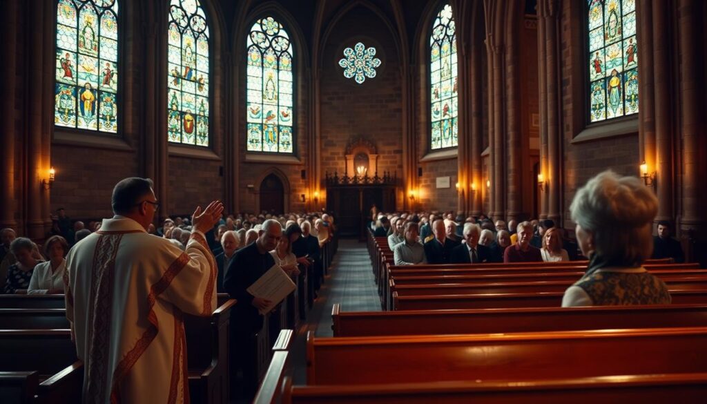 A tranquil church interior bathed in warm, diffused lighting. In the foreground, a priest in ornate vestments leads a solemn ceremony, their hands raised in benediction. Worshippers kneel in reverent rows, their faces reflecting the solemnity of the moment. In the middle ground, intricate stained glass windows cast colorful patterns on the polished wooden pews. The background is filled with the rich, muted tones of ancient stonework, creating a sense of timeless tradition and spiritual contemplation.