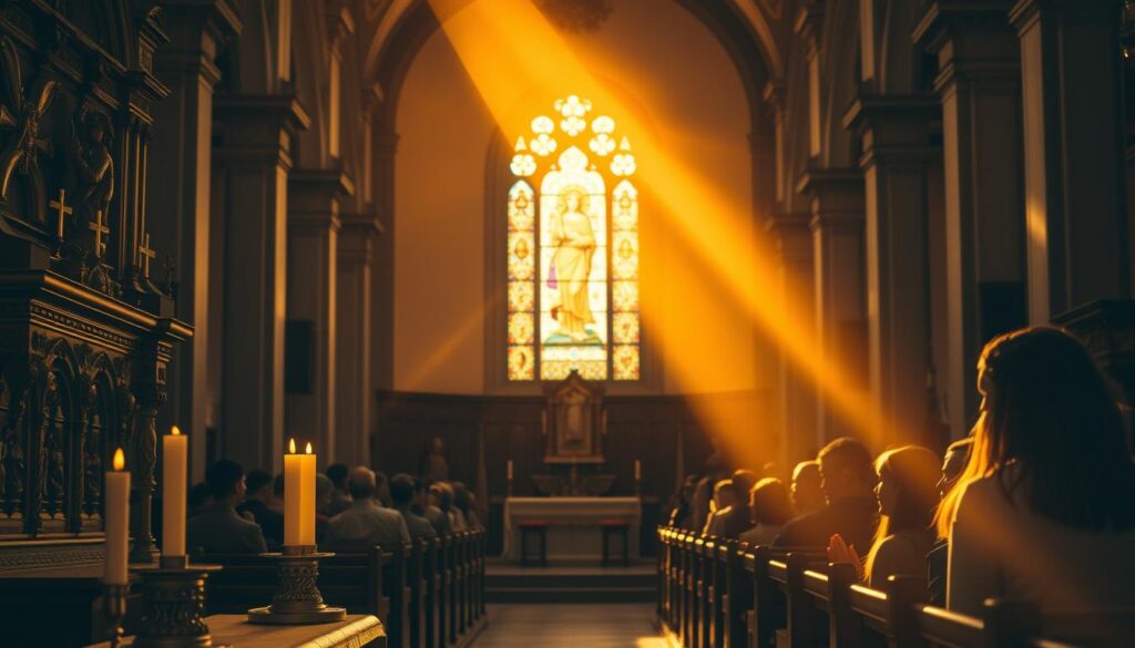 A tranquil church interior bathed in warm, golden light. In the foreground, an ornate altar adorned with intricate carvings and candles, symbolizing the role of faith and grace in salvation. In the middle ground, a stained-glass window depicting a divine figure, radiating a sense of divine presence. In the background, a congregation of worshippers, their faces reflecting contemplation and reverence, representing the importance of works in one's spiritual journey. The overall atmosphere is serene, inviting the viewer to reflect on the interconnectedness of faith, grace, and works in the pursuit of salvation.