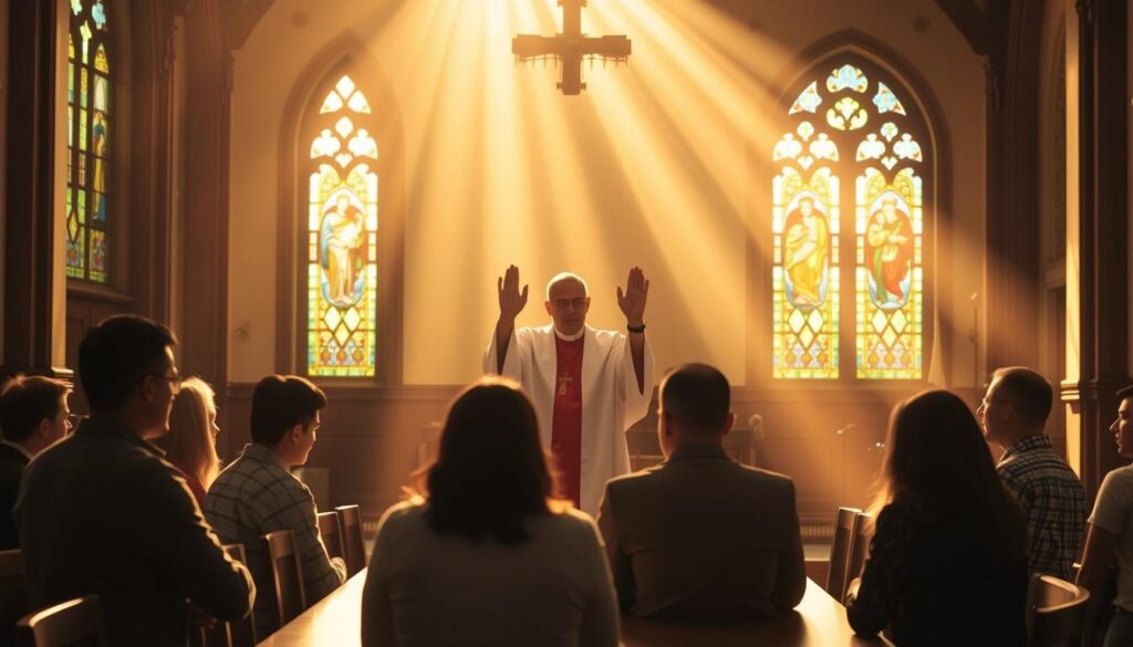 A tranquil church interior bathed in warm, natural light streaming through stained glass windows. In the foreground, a group of adults gathered around a table, engaged in thoughtful discussion. Behind them, a priest stands, hands raised in blessing, as a tangible representation of the OCIA (Rite of Christian Initiation of Adults) process and faith formation. The space exudes a sense of community, reverence, and spiritual growth, inviting the viewer to step into this sacred and transformative experience.