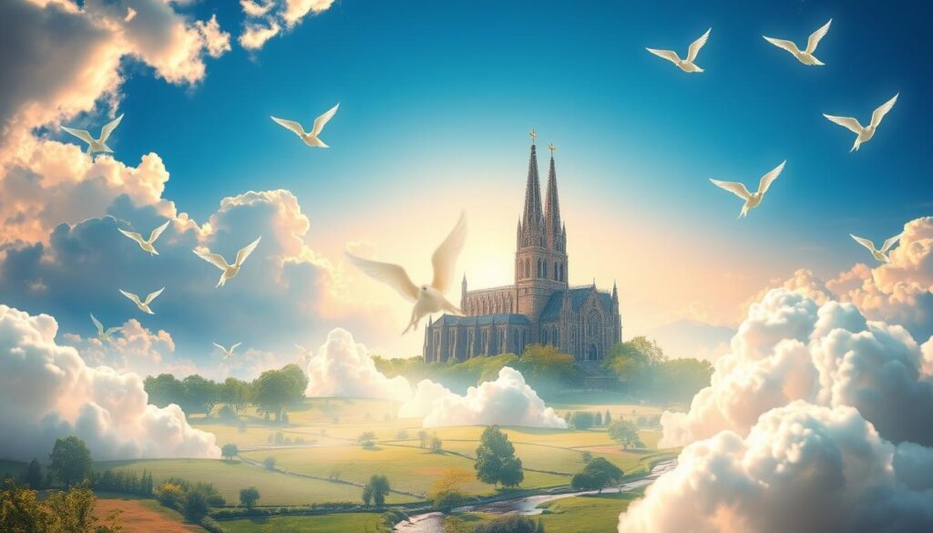 A tranquil heavenly realm, bathed in a warm, ethereal glow. In the foreground, fluffy white clouds part to reveal a serene, pastoral landscape, dotted with lush greenery and gently flowing streams. Amidst this idyllic scene, spectral angelic figures, their features obscured, hover and glide gracefully. The middle ground showcases a grand, ornate cathedral, its towering spires and intricate architecture a stark contrast to the natural setting. In the background, the sky gradually fades from a brilliant azure to a softer, hazy palette, hinting at the boundless expanse of the celestial realm. The overall atmosphere conveys a sense of tranquility, wonder, and the gap between earthly expectations and the true nature of the divine.