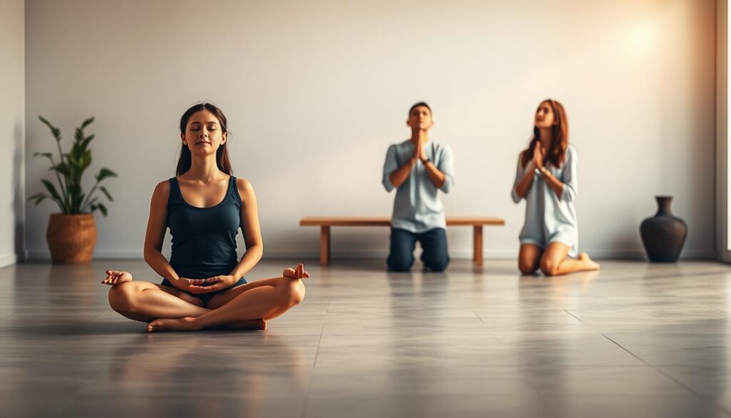 A tranquil scene depicting the differences between meditation and contemplation. In the foreground, a person sits cross-legged in a serene lotus position, eyes closed, hands resting gently on their lap, embodying the focused, inward attention of meditation. In the middle ground, another person kneels with their gaze lifted, hands open in a gesture of receptivity, symbolizing the open, receptive state of contemplation. The background features a softly lit, minimalist space with natural elements like plants and a simple wooden bench, creating a calming, introspective atmosphere. The lighting is soft and diffused, casting a warm, golden glow that enhances the meditative ambiance. The overall composition conveys the complementary yet distinct practices of meditation and contemplation, inviting the viewer to consider how they might integrate these spiritual disciplines into daily life.