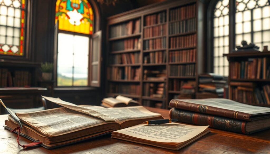 A tranquil study filled with old leather-bound books, stained-glass windows casting warm hues, and a wooden desk where a scholar ponders the insights of the New Testament. The foreground showcases a weathered Bible, a quill pen, and parchment notes. The middle ground features bookshelves lined with theological tomes, while the background reveals a serene landscape outside the window, symbolizing the contemplation of divine truths. Soft, directional lighting creates an atmosphere of reverence and intellectual discovery, inviting the viewer to explore the richness of apologetic insights found within the pages of the New Testament.