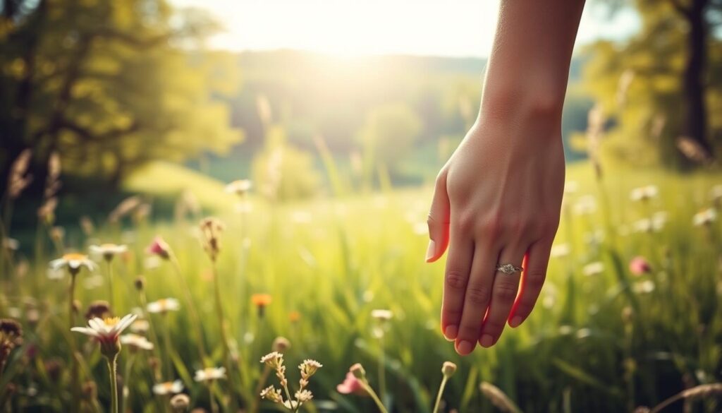 A tranquil, sun-dappled meadow stretches out, framed by a lush, verdant landscape. In the foreground, a pair of clasped hands emerge, their fingers intertwined, symbolizing the interplay between natural law and human choice. The hands are set against a backdrop of wildflowers, their delicate petals hinting at the beauty and complexity of creation. Soft, diffused lighting casts a warm, contemplative glow, inviting the viewer to ponder the intersection of faith, science, and personal responsibility. The scene evokes a sense of harmony and reflection, mirroring the nuanced discussion of catholicism and birth control.