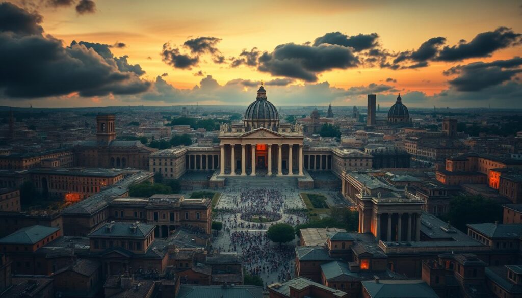 A vast Roman cityscape at dusk, the iconic architecture of the Eternal City cast in a somber, golden glow. In the center, a grand imperial palace crumbles, its majestic columns toppling as if shaken by the weight of a crumbling empire. Amidst the chaos, a swirling vortex of figures in ornate robes and armor, representing the schism that tore the Roman world asunder. Ominous clouds loom overhead, as if the very heavens weep for the fall of this once mighty civilization. A poignant and melancholic scene, capturing the historical foundations of Latin Catholicism in the wake of the Roman Empire's demise.