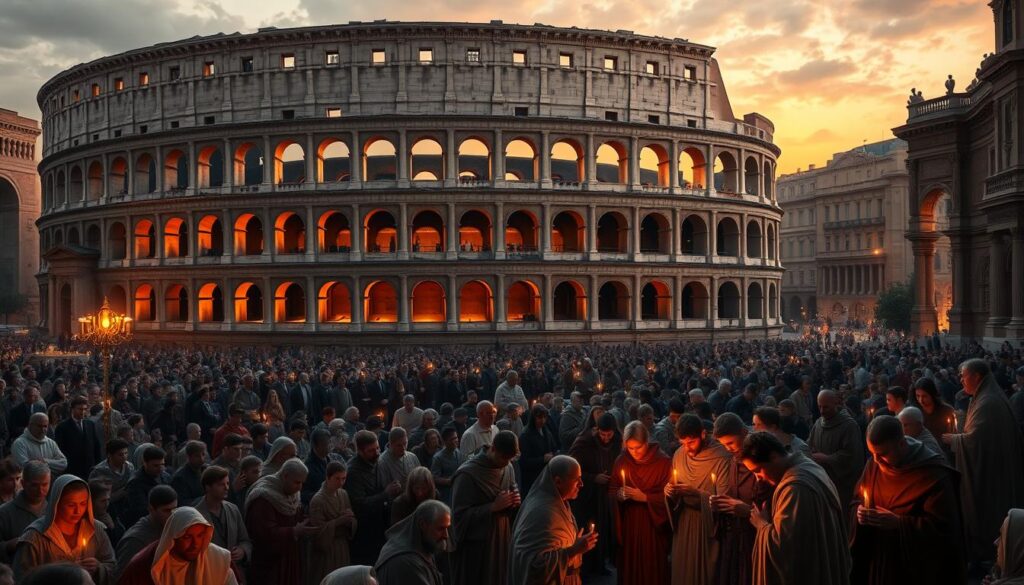 A vast Roman colosseum, its towering arches and columns casting long shadows across the bustling streets below. In the foreground, a throng of people gather, their robes and cloaks reflecting the warm hues of the setting sun. Amidst the crowd, a group of early Christians kneels in prayer, their faces illuminated by the soft glow of candlelight. The scene conveys a sense of transition, as the mighty Roman Empire's influence gives way to the rising tide of Christian faith, shaping the course of Western civilization.