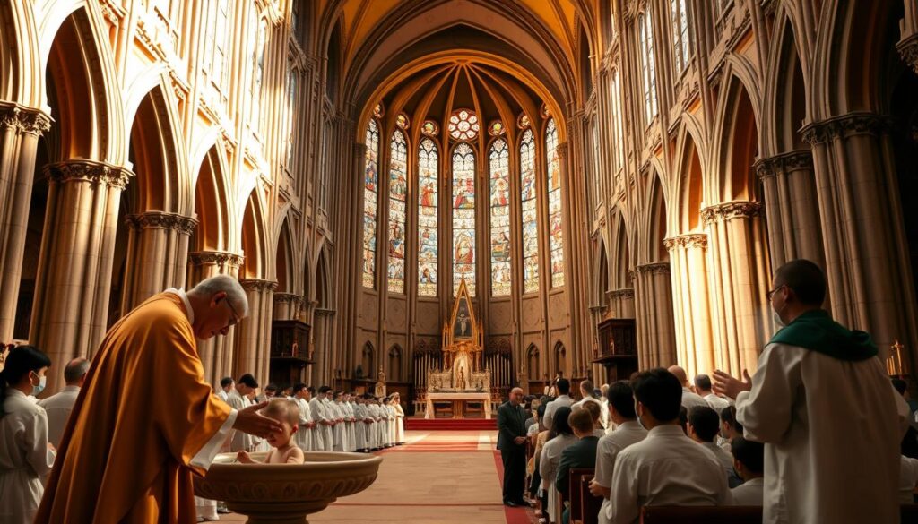 A vast and ornate Catholic cathedral, its soaring arches and stained glass windows bathed in warm, golden light. In the foreground, a priest in flowing robes performs the sacrament of baptism, gently lowering a child into the font as onlooking parishioners bear witness. In the middle ground, a group of young people kneel before the altar, receiving the sacrament of confirmation as the bishop lays his hands upon their heads. In the background, the congregation partakes in the Eucharist, sharing in the body and blood of Christ. An atmosphere of reverence, tradition, and spiritual renewal permeates the scene.