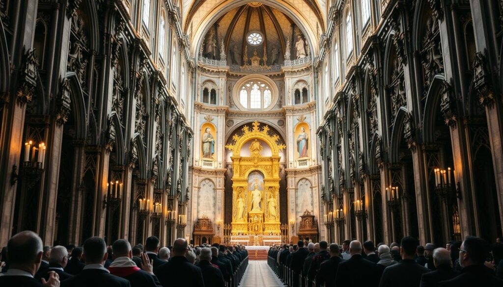 A vast cathedral in the Renaissance style, its façade adorned with intricate carvings and towering spires reaching towards the heavens. In the foreground, a procession of robed clergy and faithful worshippers, their faces filled with reverence and devotion. The interior of the church is bathed in the warm glow of candlelight, revealing ornate altars, stained glass windows, and the majestic, gilded altar piece. The scene exudes a sense of timeless tradition and the weight of centuries of history, reflecting the enduring legacy of the Catholic Church.