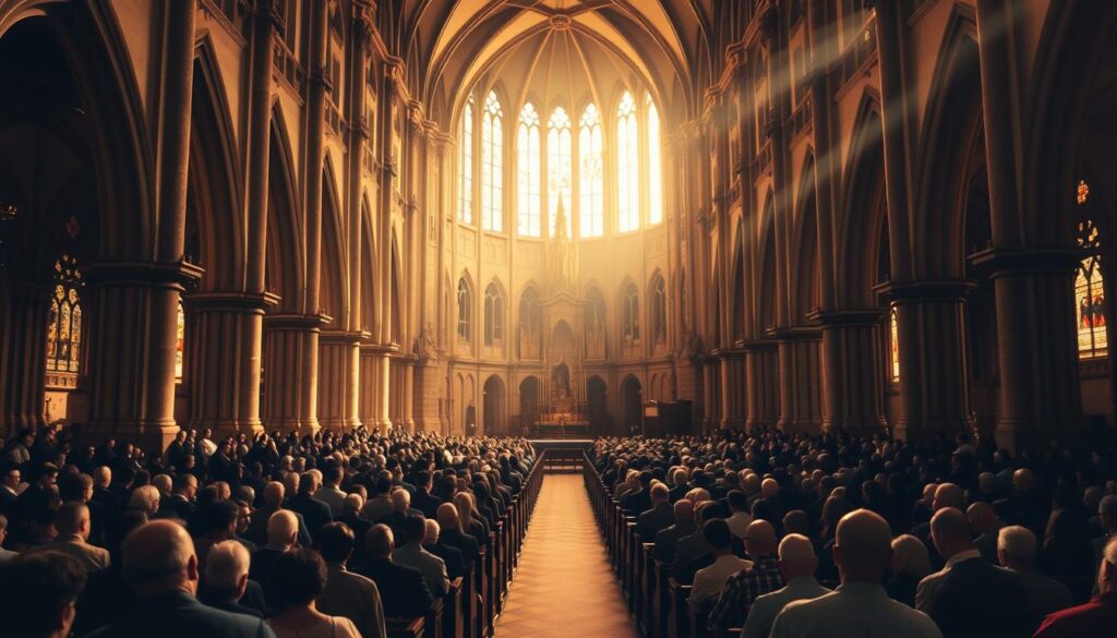 A vast cathedral interior, bathed in warm, golden light filtering through stained glass windows. Pews filled to capacity with a throng of worshippers, their heads bowed in reverent prayer. The altar is the focal point, adorned with ornate religious iconography, casting an air of solemn ceremony. Shadowy, vaulted ceilings lend a sense of grandeur and timelessness, while the soft murmur of chanting and hushed voices create an atmosphere of spiritual renewal. A scene of community and tradition, reflecting the vibrant resurgence of Catholic faith in modern Britain.