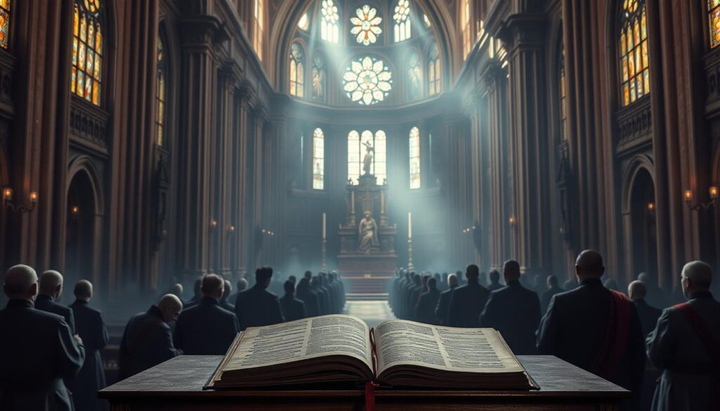 A vast cathedral interior, ornate and stained-glass-illuminated, with a central altar surrounded by solemn figures in clerical robes. In the foreground, a lectern displaying ancient tomes and manuscripts, symbolizing the theological debates and distinctions of Catholic heresy. The middle ground features shadowy silhouettes of individuals, representing the divisions and disputes within the faith. The background is shrouded in a hazy, contemplative atmosphere, conveying the weighty gravity of the subject matter. Soft, warm lighting casts an introspective glow, while the overall composition evokes a sense of historical significance and the complex tapestry of Catholic doctrine.