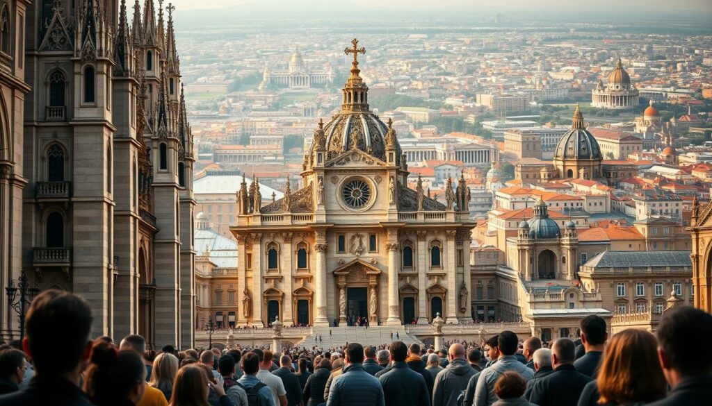A vast cathedral's grand facade, adorned with ornate spires and intricate stone carvings, stands as a testament to the enduring influence of Roman Catholicism. In the foreground, a diverse congregation gathers, their faces reflecting the global reach of the faith. The mid-ground reveals a network of cathedrals, monasteries, and holy sites spanning continents, while the background is a mosaic of cultural landmarks and landmarks, symbolizing the integration of Catholicism into the fabric of societies worldwide. Soft, warm lighting casts a reverential glow, conveying the sense of timeless tradition and spiritual majesty that characterizes the global Catholic influence.