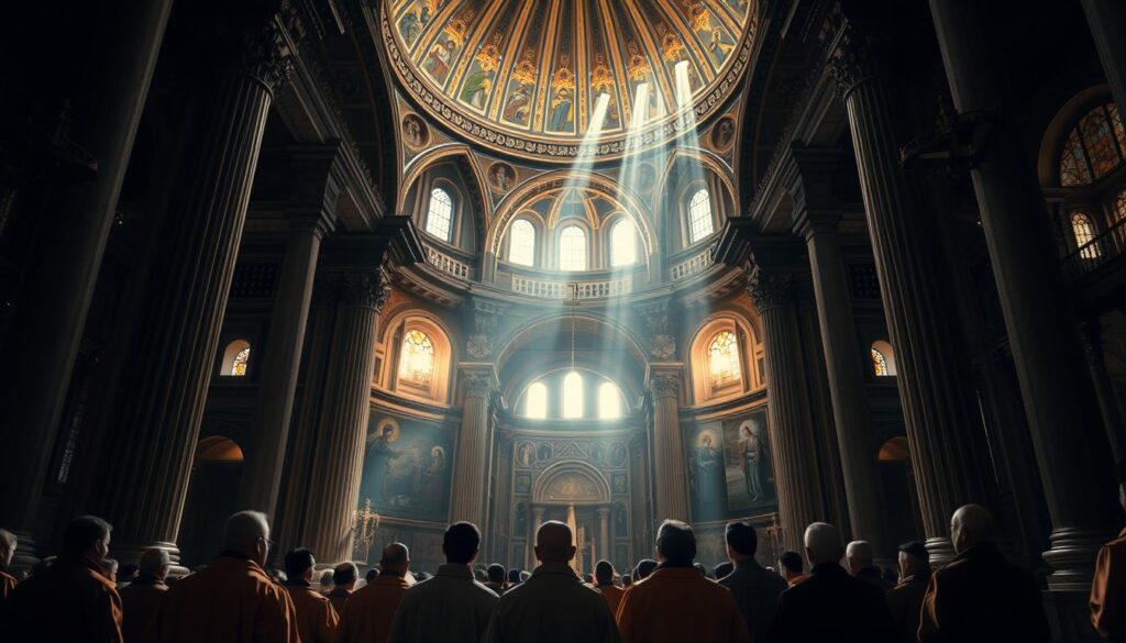 A vast, dimly lit cathedral interior with intricate Byzantine-style architecture, ornate columns, and a soaring central dome. Sunlight filters through stained glass windows, casting warm hues across the space. In the foreground, a group of robed figures, representing the early Christian clergy of the Assyrian Church of the East, gather in reverent prayer, their faces illuminated by the sacred light. In the background, ancient frescoes and mosaics adorn the walls, depicting scenes from the life of Christ and the apostles, connecting this historic place to its apostolic foundations. An atmosphere of timeless devotion and spiritual tradition permeates the scene.