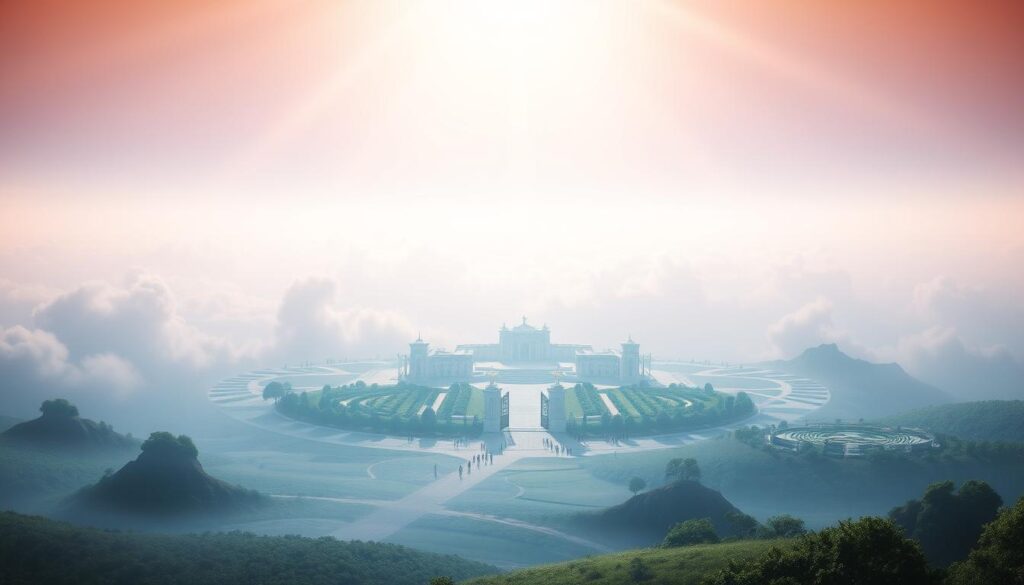 A vast, ethereal landscape depicting the contrast between the "state" and "place" concepts of Catholic heaven. In the foreground, a tranquil, luminous realm with serene figures and celestial architecture, representing the "state" of heaven. In the middle ground, a more defined, tangible landscape with gates, gardens, and a sense of physical presence, symbolizing the "place" of heaven. The background fades into an expansive, glowing sky, hinting at the transcendent, spiritual nature of the afterlife. Soft, diffused lighting creates an atmosphere of wonder and reverence, while a slight sense of depth and perspective draws the viewer into the scene. The image should convey the paradoxical nature of Catholic teachings on heaven as both a state of being and a physical destination.