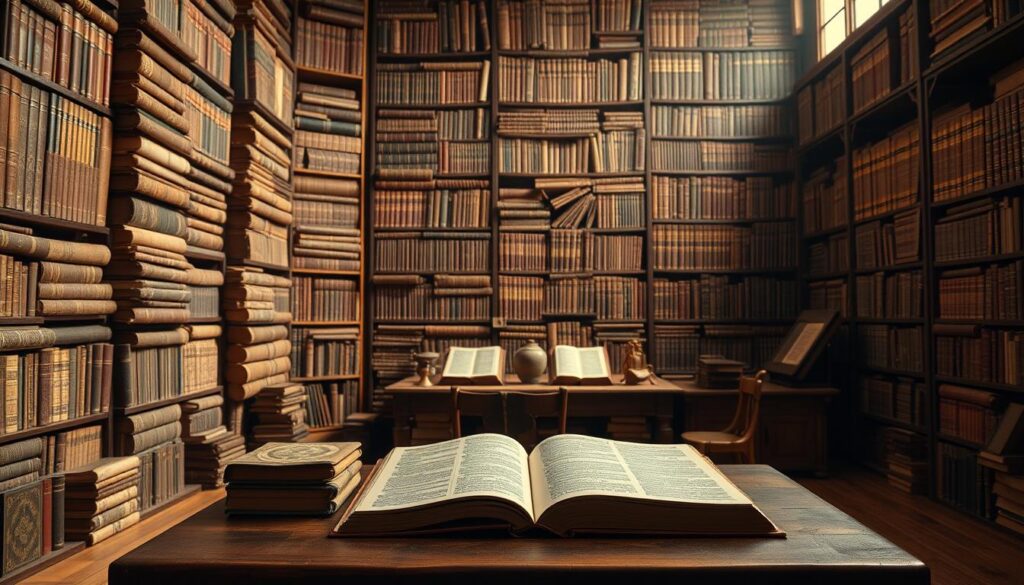 A vast library of ancient religious texts, with towering shelves of scriptures from various Christian denominations. In the foreground, a table showcases the distinct canonical differences between Catholicism and other Christian faiths, illuminated by warm, directional lighting. The scene has a scholarly, contemplative atmosphere, inviting the viewer to explore the nuanced theological distinctions reflected in the diverse array of sacred literature.