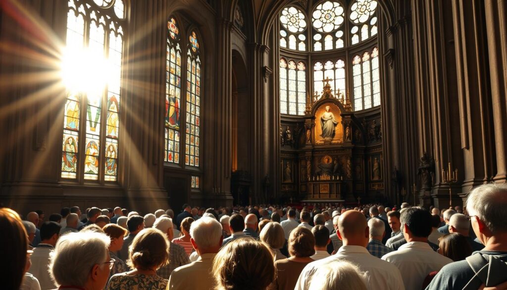 A vibrant Catholic faith community gathered in a grand cathedral, sunlight streaming through stained glass windows, creating a warm, reverent atmosphere. In the foreground, parishioners bow their heads in prayer, their faces reflecting a sense of profound devotion. The middle ground showcases the ornate, intricate architecture, with towering arches and ornate columns. In the background, the altar stands tall, adorned with religious symbols and imagery, conveying the deep spiritual connection within this sacred space. The scene exudes a sense of timeless tradition, community, and a profound commitment to the Catholic faith.