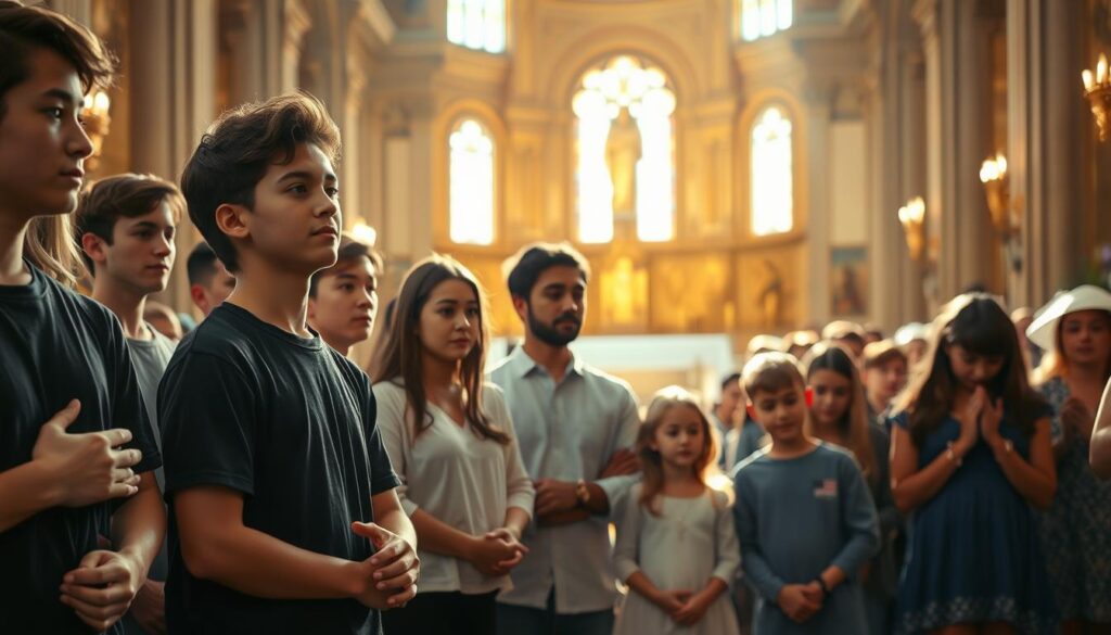 A vibrant congregation of young Catholics gathered in a sunlit church, their faces aglow with devotion and hope. In the foreground, a group of teenagers stand with hands clasped, their expressions serene and contemplative. In the middle ground, a family of four kneels reverently, the parents guiding their children in prayer. The background reveals a grand, ornate altar bathed in warm, golden light, symbolizing the timeless traditions of the faith. The scene conveys a sense of spiritual growth, as the younger generation embraces the enduring values of Catholicism in the UK, shaping the future of the Church.