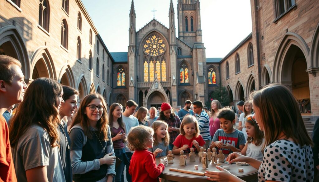 A vibrant gathering of young Catholics in a sun-dappled church courtyard, engaged in lively discussions and activities. In the foreground, a group of teenagers animatedly conversing, their faces alight with enthusiasm. In the middle ground, a circle of children participating in a religious arts and crafts session, their hands skillfully molding clay figures. In the background, a towering gothic-style cathedral casts a warm, welcoming glow, its stained-glass windows reflecting the colors of the setting sun. The scene conveys a sense of community, faith, and the evolving role of the church in engaging younger generations.