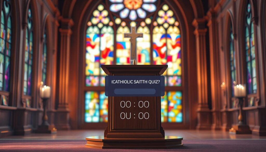 A vibrant, interactive interface for a Catholic faith quiz, bathed in soft, warm lighting and a serene, contemplative atmosphere. The foreground features a clean, minimalist design with a large quiz question prominently displayed, surrounded by clickable answer options. The middle ground showcases an elegant, wooden podium-like structure, evoking a sense of spiritual reverence. In the background, a stained-glass window casts a kaleidoscope of colors, creating a tranquil, church-like ambiance. The overall composition promotes a thoughtful, introspective experience, encouraging users to engage with their Catholic knowledge in a visually captivating and visually immersive way.