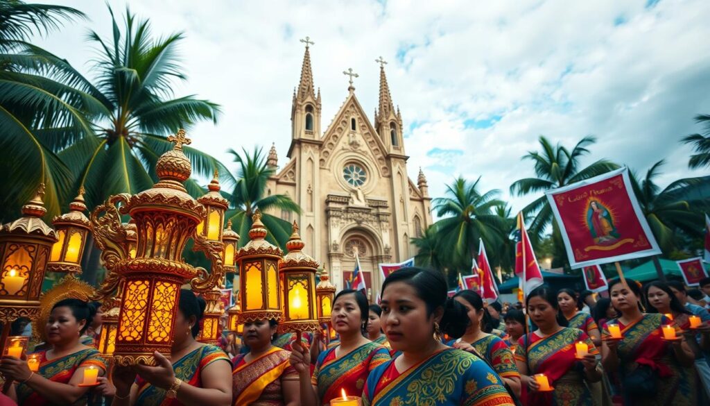 A vibrant procession of Filipino Catholics, adorned in colorful traditional garments, carrying ornate religious icons and banners. The foreground is filled with intricate, hand-crafted lanterns and candles, their warm glow illuminating the solemn faces of the faithful. In the middle ground, a grand church façade with intricate carvings and ornate architecture rises, its towering spires reaching towards the heavens. The background is a lush, tropical landscape, with swaying palm trees and a vibrant, azure sky, creating a sense of warmth and serenity. The scene is captured with a wide-angle lens, emphasizing the scale and grandeur of the event, while the soft, diffused lighting lends a reverent, atmospheric quality to the image.