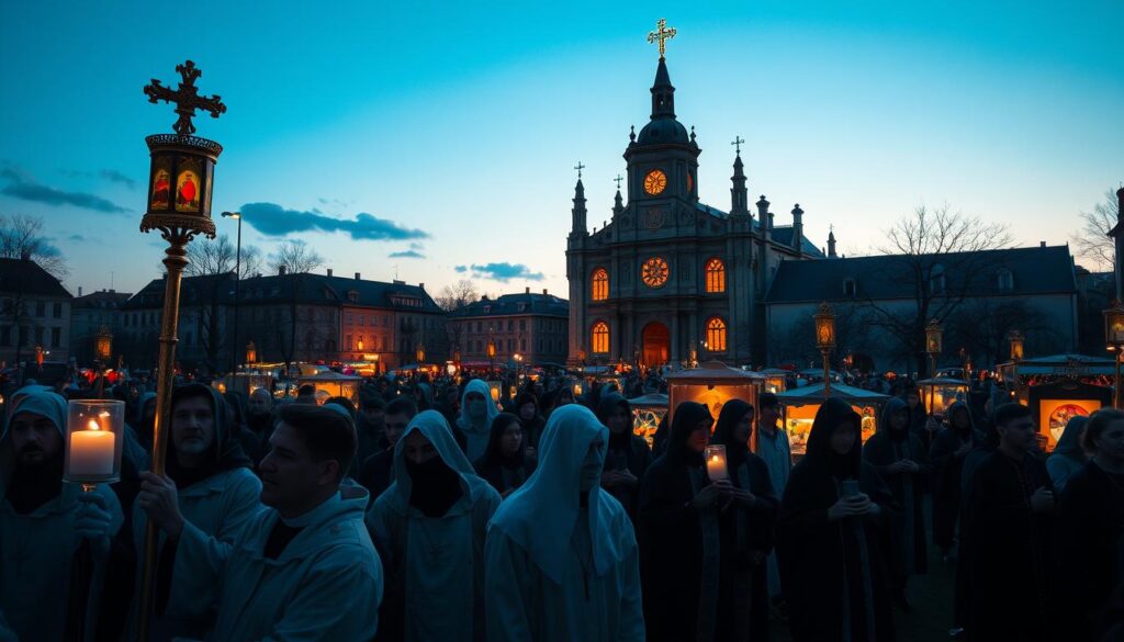 A vibrant scene of All Saints Day celebrations in a traditional Catholic setting. In the foreground, a procession of robed figures carrying ornate candles and religious icons, their faces solemn and reverent. In the middle ground, a grand cathedral with stained glass windows glowing in the evening light, surrounded by a bustling town square filled with vendors selling seasonal treats and decorations. In the background, a cloudless sky tinged with the warm hues of dusk, creating a serene and spiritual atmosphere. The lighting is soft and muted, casting a contemplative mood over the entire scene. Capture the reverence, community, and timeless traditions of this significant Catholic holiday.