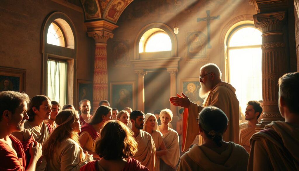 A vibrant scene of early Christian communities in the Roman Empire, illuminated by warm, natural light streaming through ancient windows. In the foreground, a group of devout believers engaged in reverent prayer, their faces serene and focused. In the middle ground, a priest or elder delivers a sermon, his robes flowing as he gestures with conviction. The background reveals a humble, yet beautifully decorated interior, with intricate mosaics, ornate columns, and a sense of timeless spirituality. The atmosphere is one of devotion, community, and the dawning of a new era of faith.