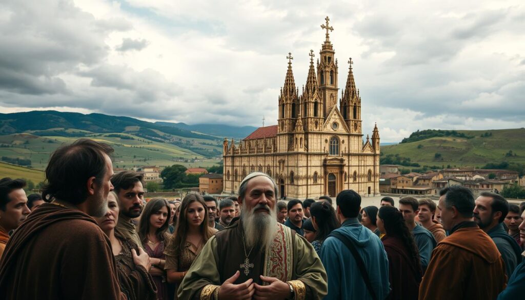 A vibrant scene of early Christian history, captured with a cinematic, wide-angle lens. In the foreground, a group of devout followers gather around a charismatic leader, their faces alight with reverence. The middle ground showcases an ornate, ancient church, its towering spires and intricate architecture a testament to the faith's growing influence. In the background, rolling hills and a dramatic, cloudy sky set the stage for a pivotal moment in the evolution of the Catholic Church.