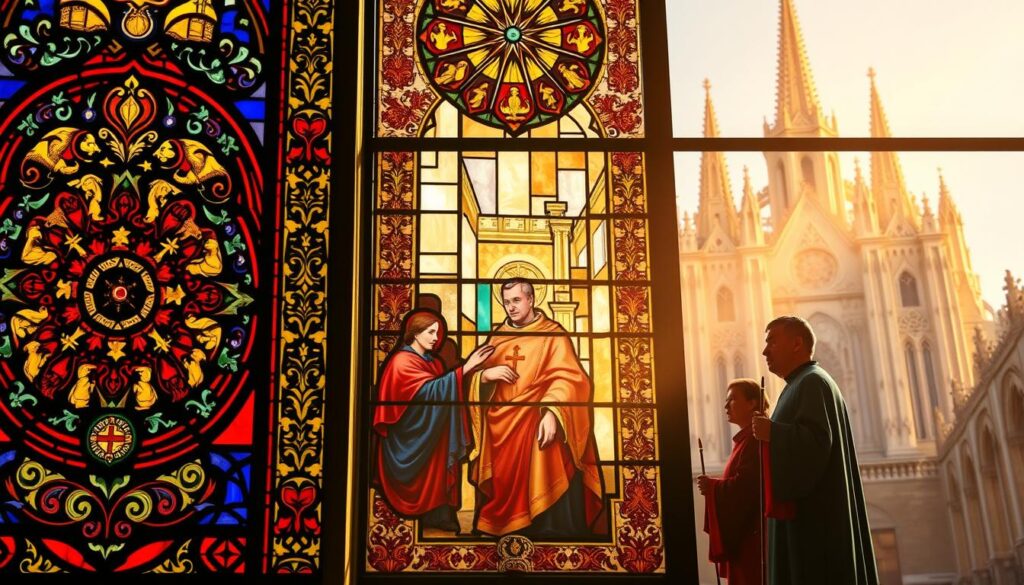 A vibrant stained-glass window depicting the interplay of Catholic doctrine, discipline, and distinction. In the foreground, intricate patterns and symbolic imagery representing the core tenets of the faith. In the middle ground, solemn figures in religious robes, gesturing towards the central themes. In the background, a majestic cathedral, bathed in warm, ethereal light, conveying a sense of timeless reverence and spiritual harmony. The composition strikes a balance between the intellectual rigor of doctrine, the disciplined practice of the faith, and the distinct identity of the Catholic Church, all seamlessly woven together in a visually captivating and contemplative work of art.