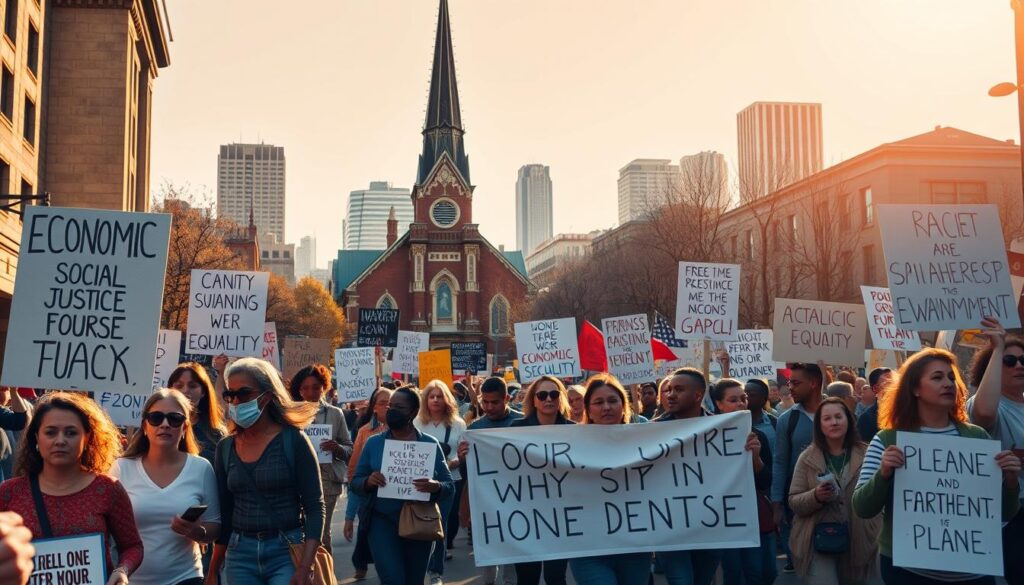 A vibrant street scene depicting Catholic social justice activism. In the foreground, a diverse group of people marching with placards and banners calling for economic equality, racial justice, and environmental stewardship. The middle ground features a historic church, its steeple reaching skyward, symbolic of the faith-based roots of the movement. In the background, a city skyline with modern high-rises, representing the broader societal context. Warm, golden light filters through, creating a sense of hope and determination. The overall atmosphere conveys a spirit of collective action, grounded in the teachings of the Catholic Church.