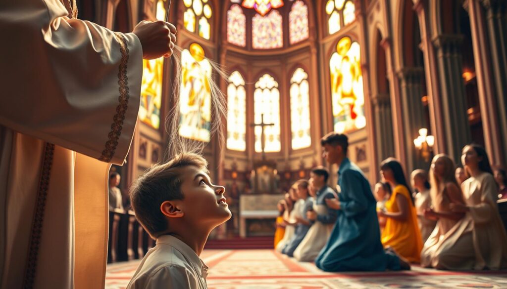 A vibrant, well-lit scene showcasing the sacrament of Confirmation. In the foreground, a young person kneels humbly, their face uplifted as the bishop's hand rests upon their head, anointing them with holy chrism oil. Wisps of ethereal light radiate from the bishop's hand, symbolizing the descent of the Holy Spirit. In the middle ground, other confirmands kneel reverently, their expressions solemn yet filled with a sense of spiritual empowerment. The background depicts a grand, ornate cathedral interior, with stained glass windows casting warm, golden hues throughout the space, evoking a profound atmosphere of sacred sanctity.