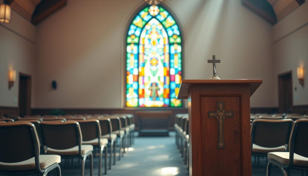 A warm and inviting community gathering space, bathed in soft, natural lighting. In the foreground, a simple and elegant wooden podium, adorned with a modest cross. Surrounding it, rows of comfortable chairs in a semicircle, creating an atmosphere of inclusivity and fellowship. In the middle ground, a large, stained-glass window casts a kaleidoscope of colors, symbolizing the rich diversity of the faith community. The background features subtle, muted tones, conveying a sense of serenity and contemplation, inviting visitors to engage with the community and its guiding principles.