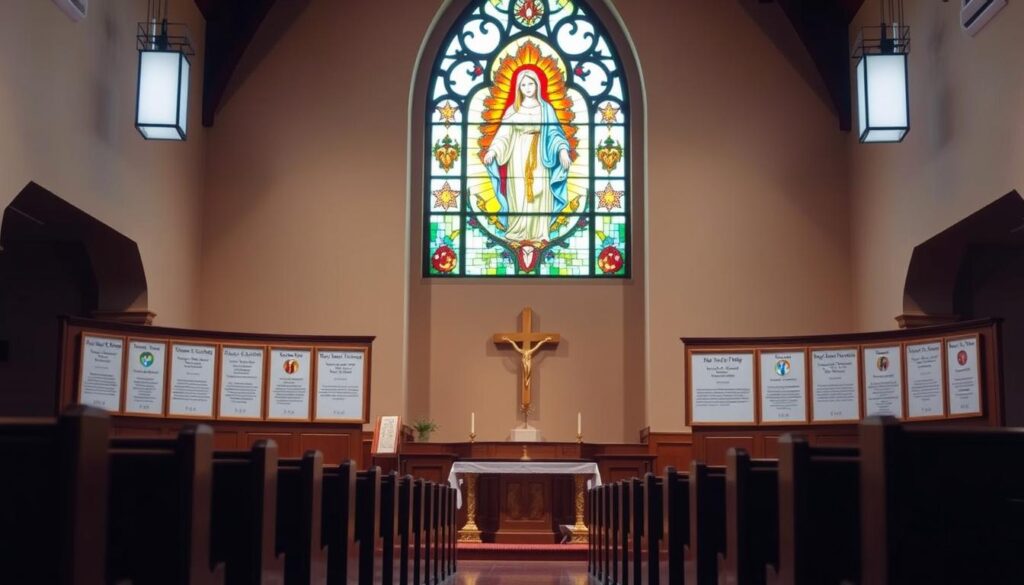 A warm, inviting interior of a Catholic church, with the Ministries and Ways to Serve displayed prominently. The focal point is a large, ornate stained-glass window depicting the Immaculate Heart of Mary, its vibrant colors casting a soft, reverent glow throughout the space. Wooden pews line the aisles, their rich grain reflecting the gentle lighting. Along the walls, a series of framed displays highlight the various ministries and volunteer opportunities available to parishioners, each with an icon and brief description. The overall atmosphere is one of welcoming, community, and a deep devotion to the Blessed Mother.