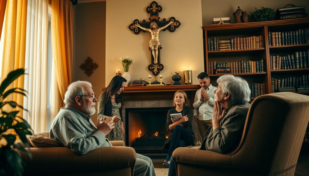 A warm, inviting interior with a family gathered around a cozy fireplace, gazing reverently at a large, ornate crucifix on the wall. Soft, golden lighting filters through sheer curtains, casting a serene, spiritual ambiance. In the foreground, an elderly grandparent sits in a plush armchair, hands clasped in prayer, passing down stories of faith and tradition. Beside them, a young child listens intently, absorbing the family's rich spiritual heritage. The middle ground features family members of various ages, each with expressions of contemplation and reverence. In the background, bookshelves filled with religious texts and heirlooms suggest a long lineage of Catholic devotion.