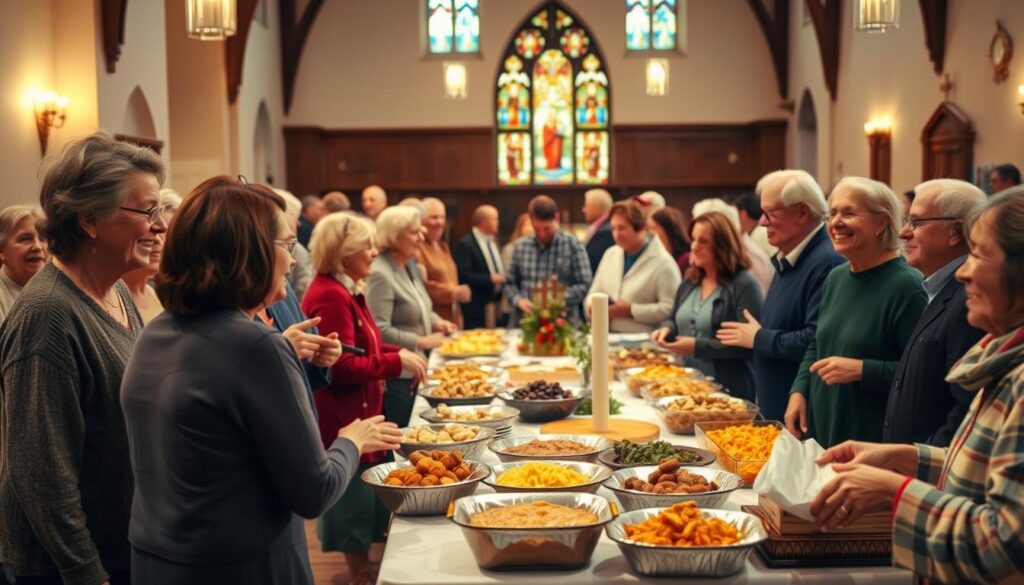 A warm, inviting scene of a lively parish community gathered for fellowship and service. In the foreground, a group of parishioners engaged in conversation, sharing smiles and laughter. In the middle ground, a table filled with an array of homemade dishes, creating a sense of shared hospitality. The background reveals a vibrant church interior, with stained glass windows casting soft, ethereal light. The overall atmosphere is one of togetherness, faith, and a deep sense of community.