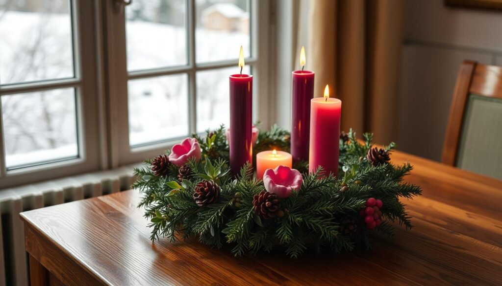 A warm, inviting scene of an Advent wreath resting on a polished wooden table, illuminated by soft, natural lighting. The wreath features four candles - three purple and one pink - their flames flickering gently. Evergreen foliage, including holly and pine, surrounds the wreath, adding a touch of rustic elegance. In the background, a window offers a glimpse of a snowy winter landscape, conveying a sense of peaceful anticipation as the Christmas season approaches. The overall atmosphere is one of reverence and tradition, capturing the essence of the Advent season.